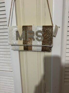 Francesca's Collections Sequin 'MRS' Stripe Crossbody - White & Gold & Brown